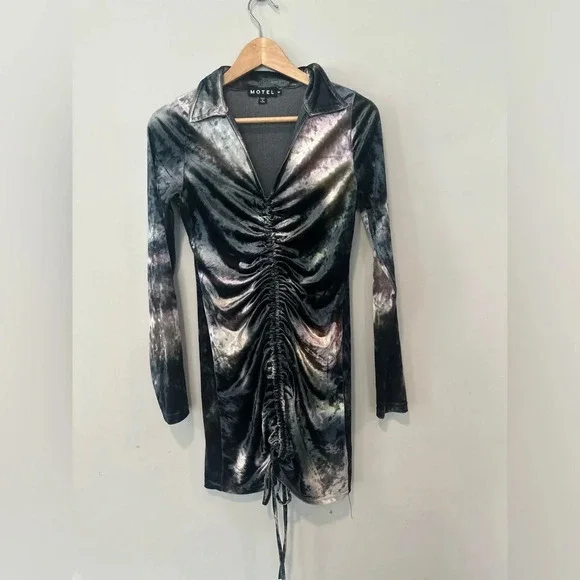 MOTEL x IRIS Aviva Y2k Mini Dress Velvet Ruched Abstract Camo medium 1290 - Picture 9 of 10